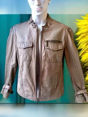 Caslon Brown Leather Biker Bomber Jacket Zip Buckle Cuff Five Pockets